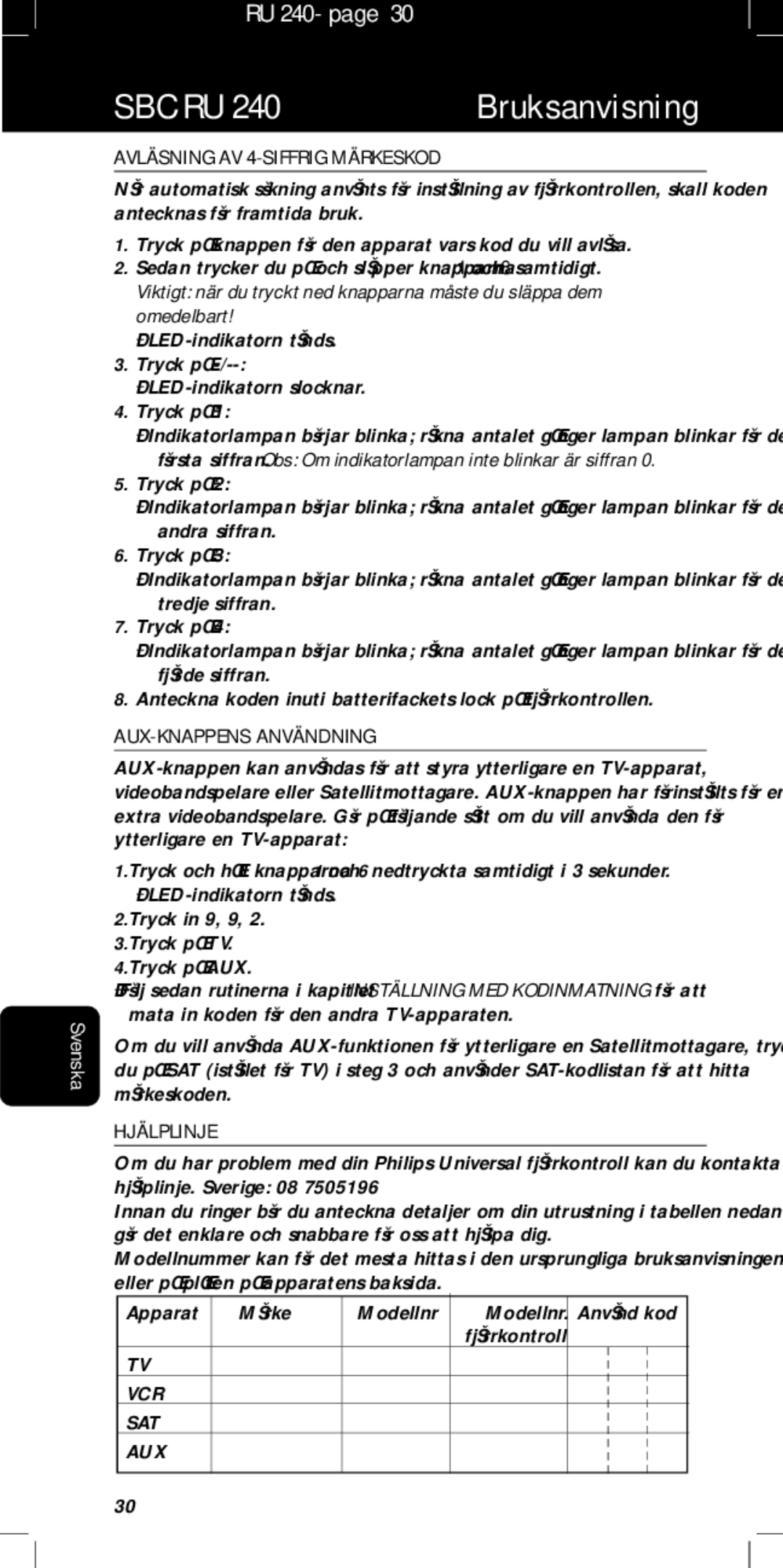 Philips SBC RU240/00U manual Avläsning AV 4-SIFFRIG Märkeskod, AUX-KNAPPENS Användning, Hjälplinje 