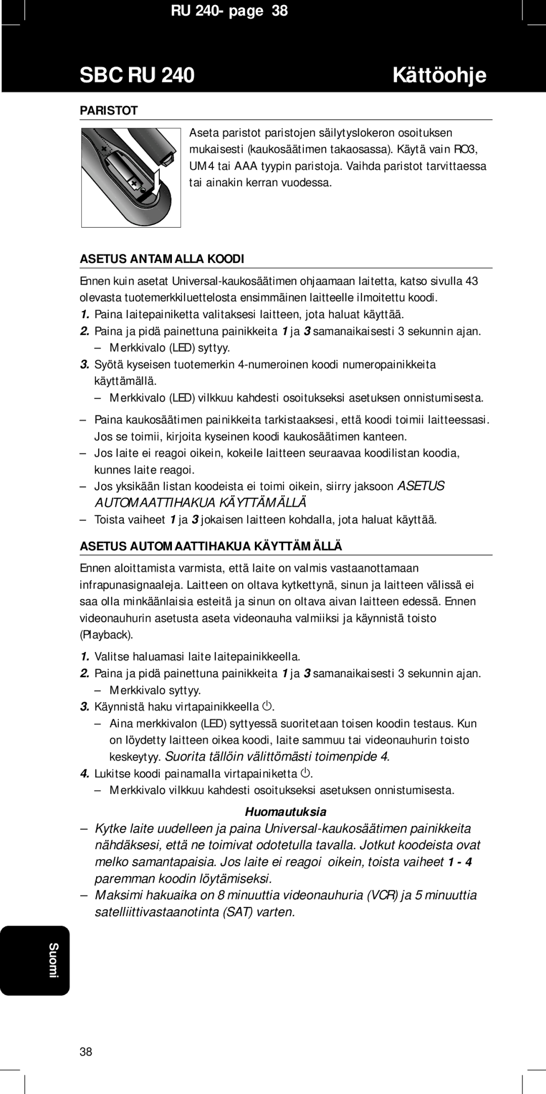 Philips SBC RU240/00U manual Paristot, Asetus Antamalla Koodi, Asetus Automaattihakua Käyttämällä, Huomautuksia 