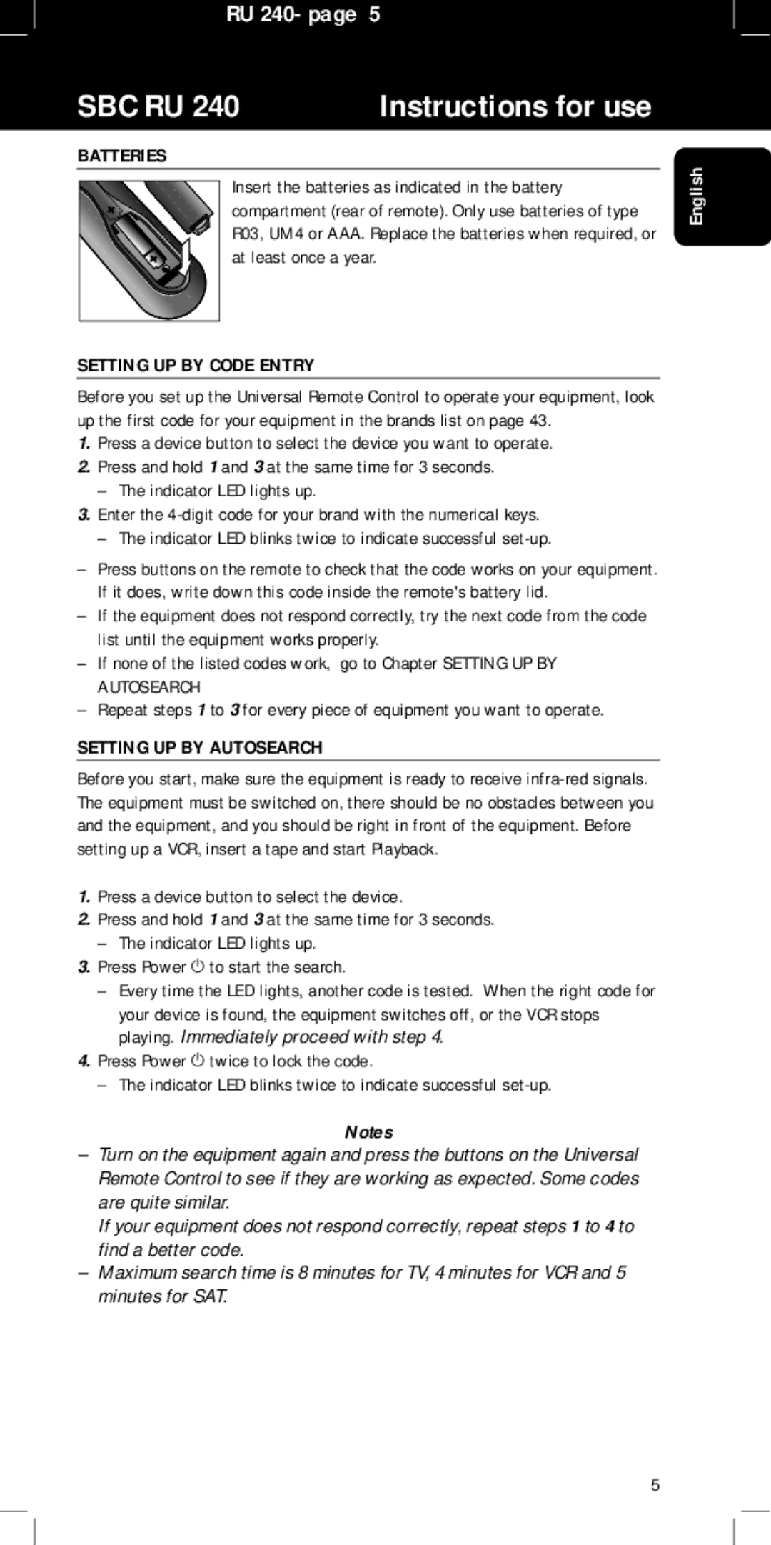 Philips SBC RU240/00U manual Batteries, Setting UP by Code Entry, Setting UP by Autosearch 