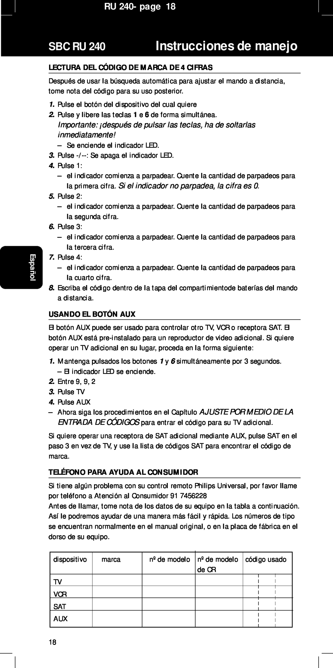 Philips SBC RU240/00U manual Sbc Ru, Instrucciones de manejo, RU 240- page, LECTURA DEL CÓDIGO DE MARCA DE 4 CIFRAS 
