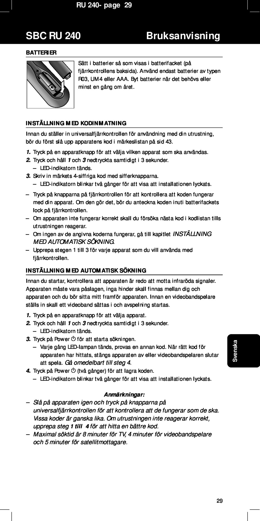 Philips SBC RU240/00U manual Sbc Ru, Bruksanvisning, RU 240- page, Batterier, Inställning Med Kodinmatning, Anmärkningar 