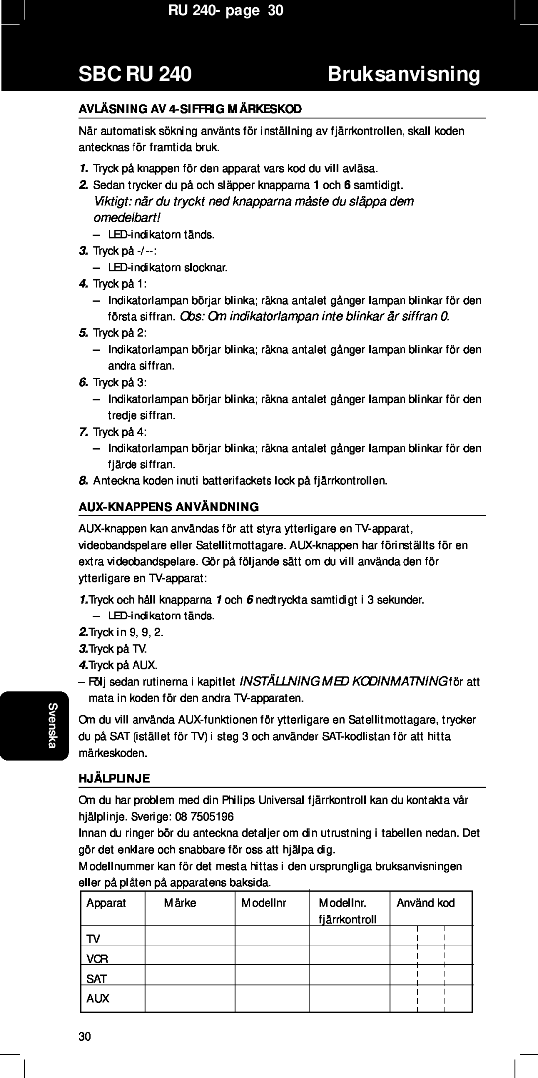 Philips SBC RU240/00U manual Sbc Ru, Bruksanvisning, RU 240- page, AVLÄSNING AV 4-SIFFRIGMÄRKESKOD, Aux-Knappensanvändning 
