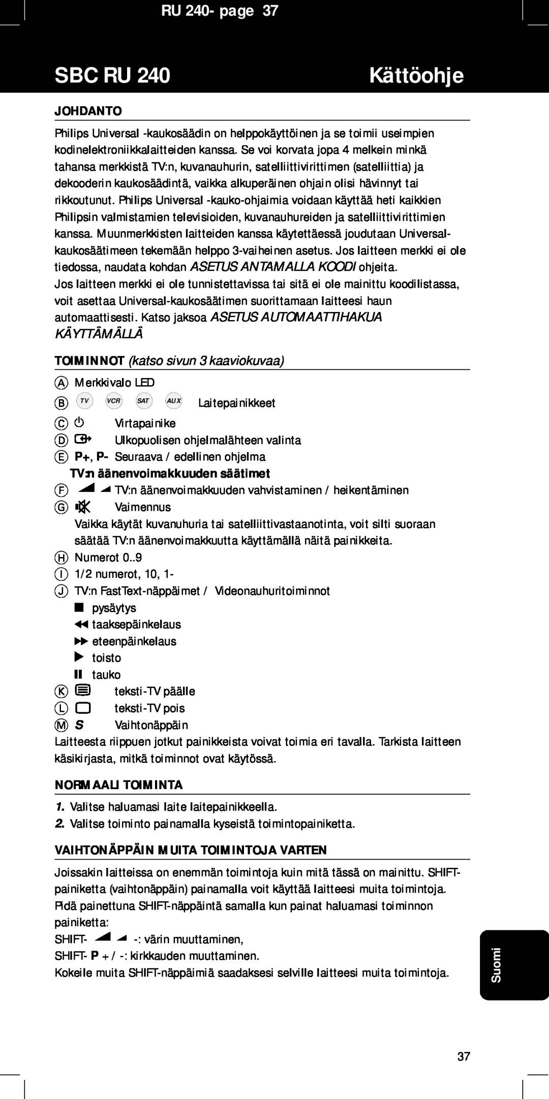 Philips SBC RU240/00U manual Kättöohje, Sbc Ru, RU 240- page, Johdanto, TV n äänenvoimakkuuden säätimet, Normaali Toiminta 