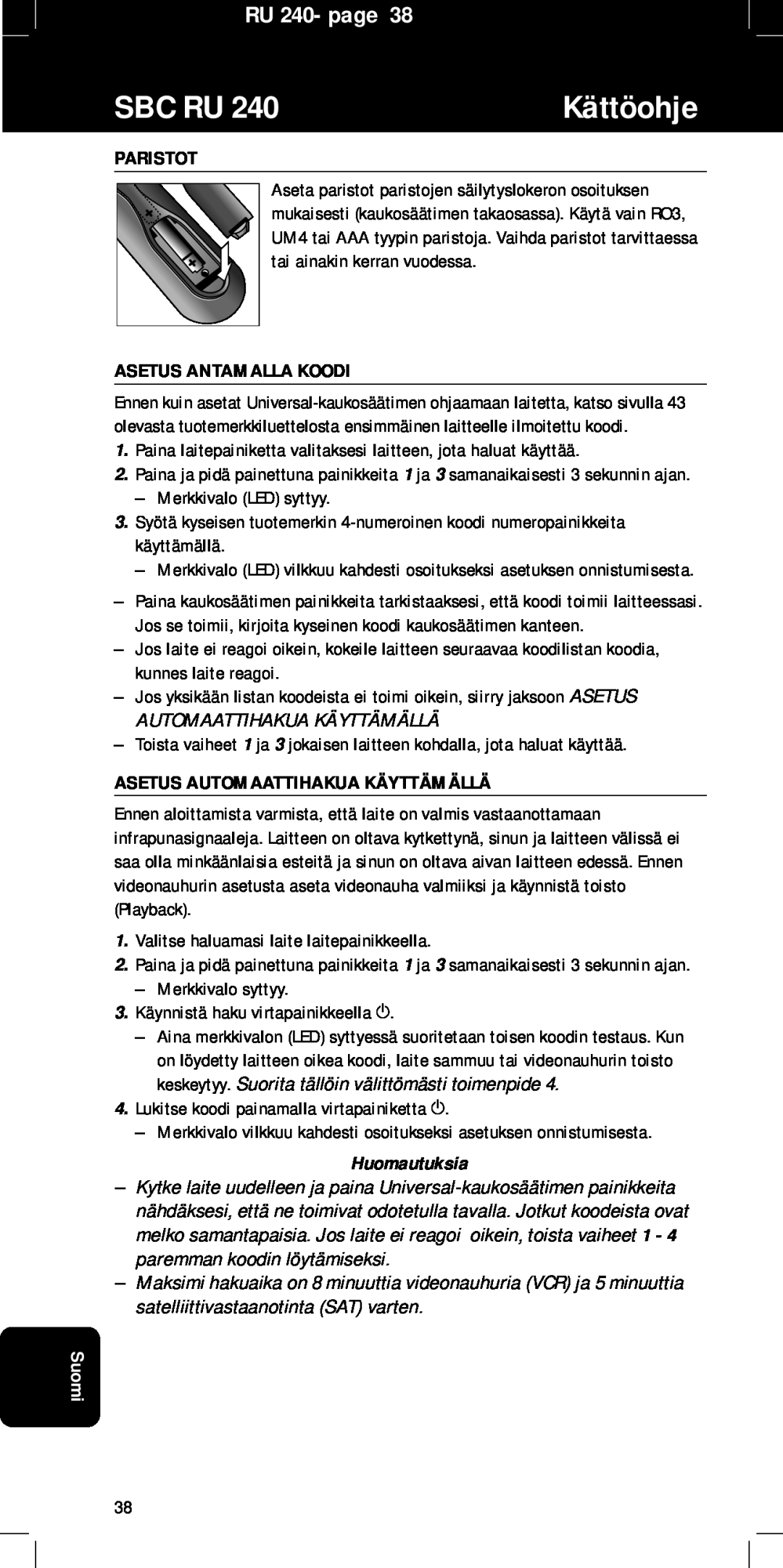 Philips SBC RU240/00U manual Sbc Ru, Kättöohje, RU 240- page, Paristot, Asetus Antamalla Koodi, Huomautuksia 