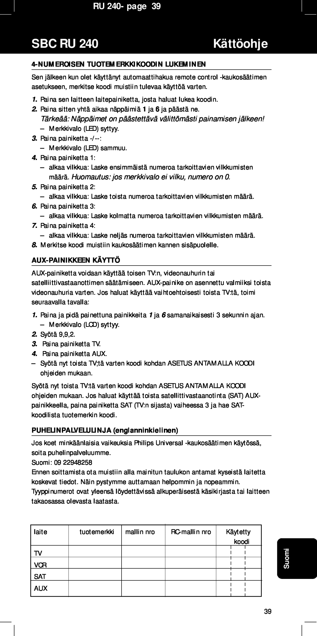 Philips SBC RU240/00U manual Sbc Ru, Kättöohje, RU 240- page, Numeroisentuotemerkkikoodin Lukeminen, Aux-Painikkeenkäyttö 