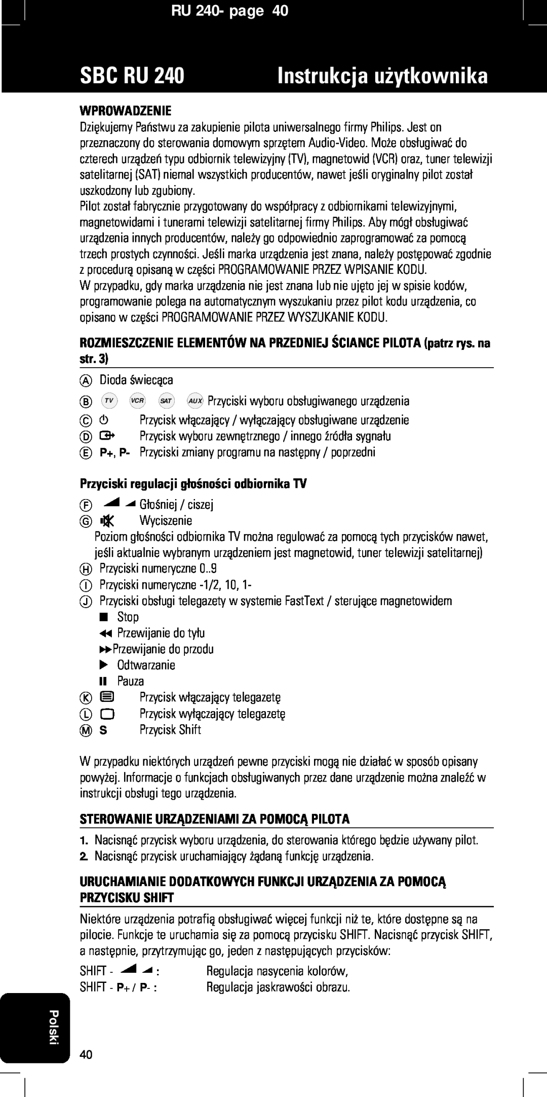 Philips SBC RU240/00U manual Sbc Ru, Instrukcja u¿ytkownika, RU 240- page, Wprowadzenie, B Tv 
