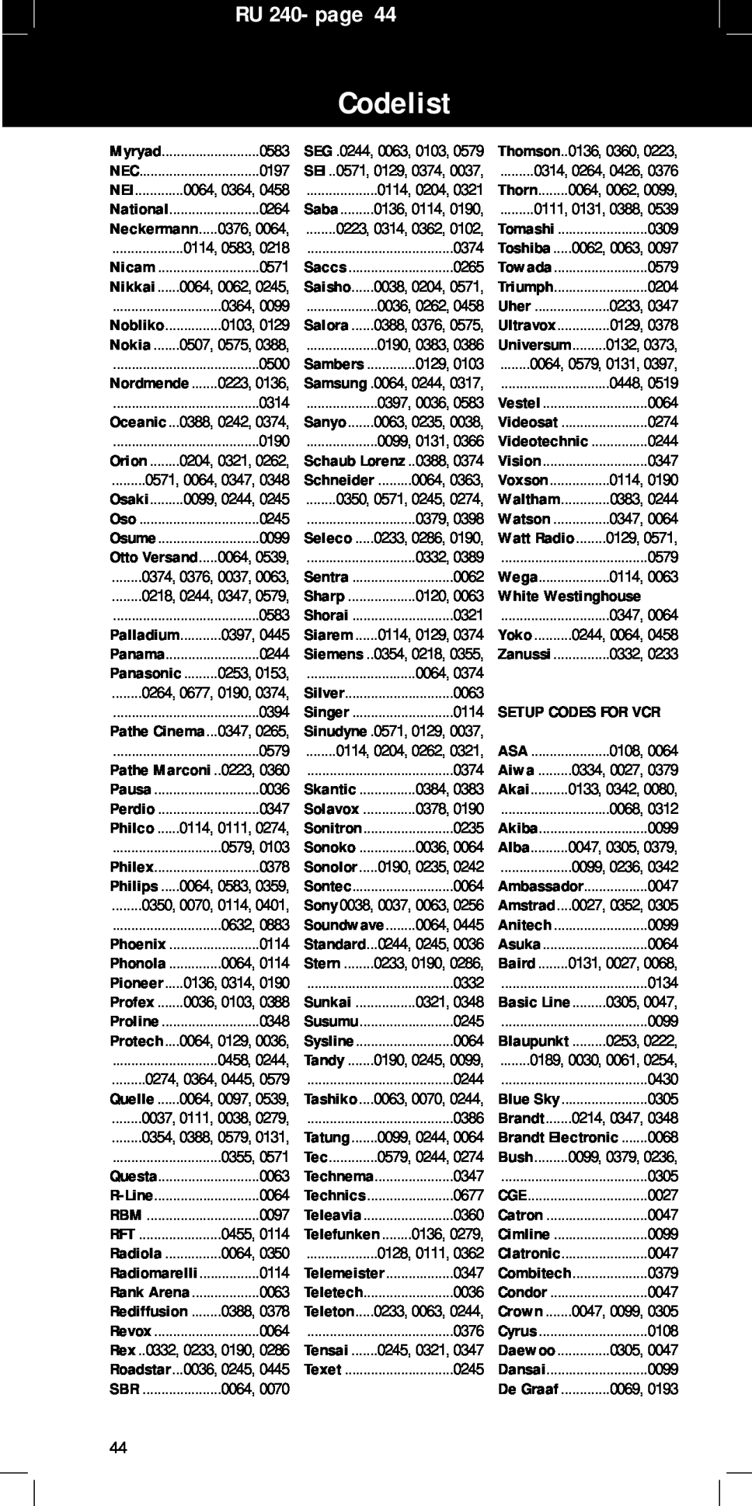 Philips SBC RU240/00U manual Codelist, RU 240- page, Neckermann 