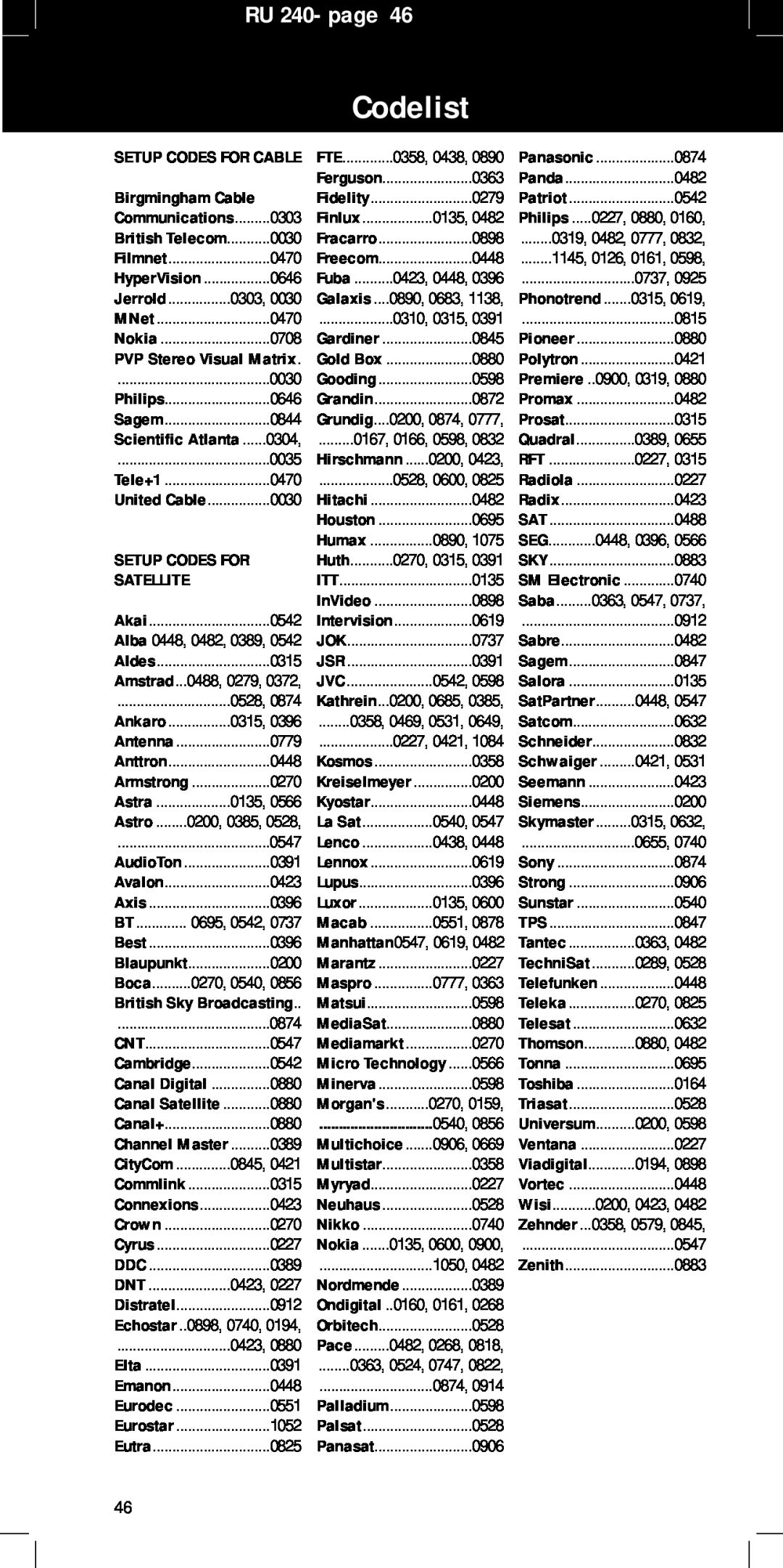Philips SBC RU240/00U manual Codelist, RU 240- page, Satellite 
