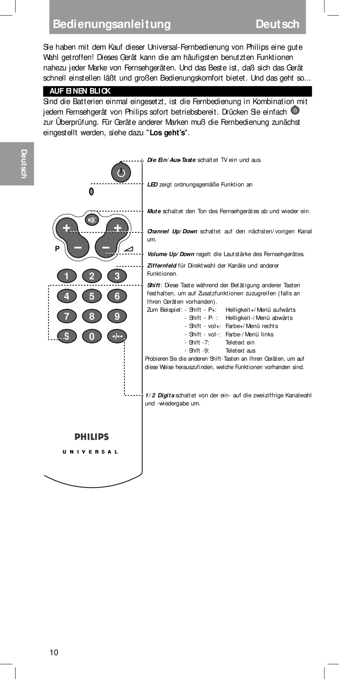 Philips SBC RU410 manual BedienungsanleitungDeutsch, AUF Einen Blick 