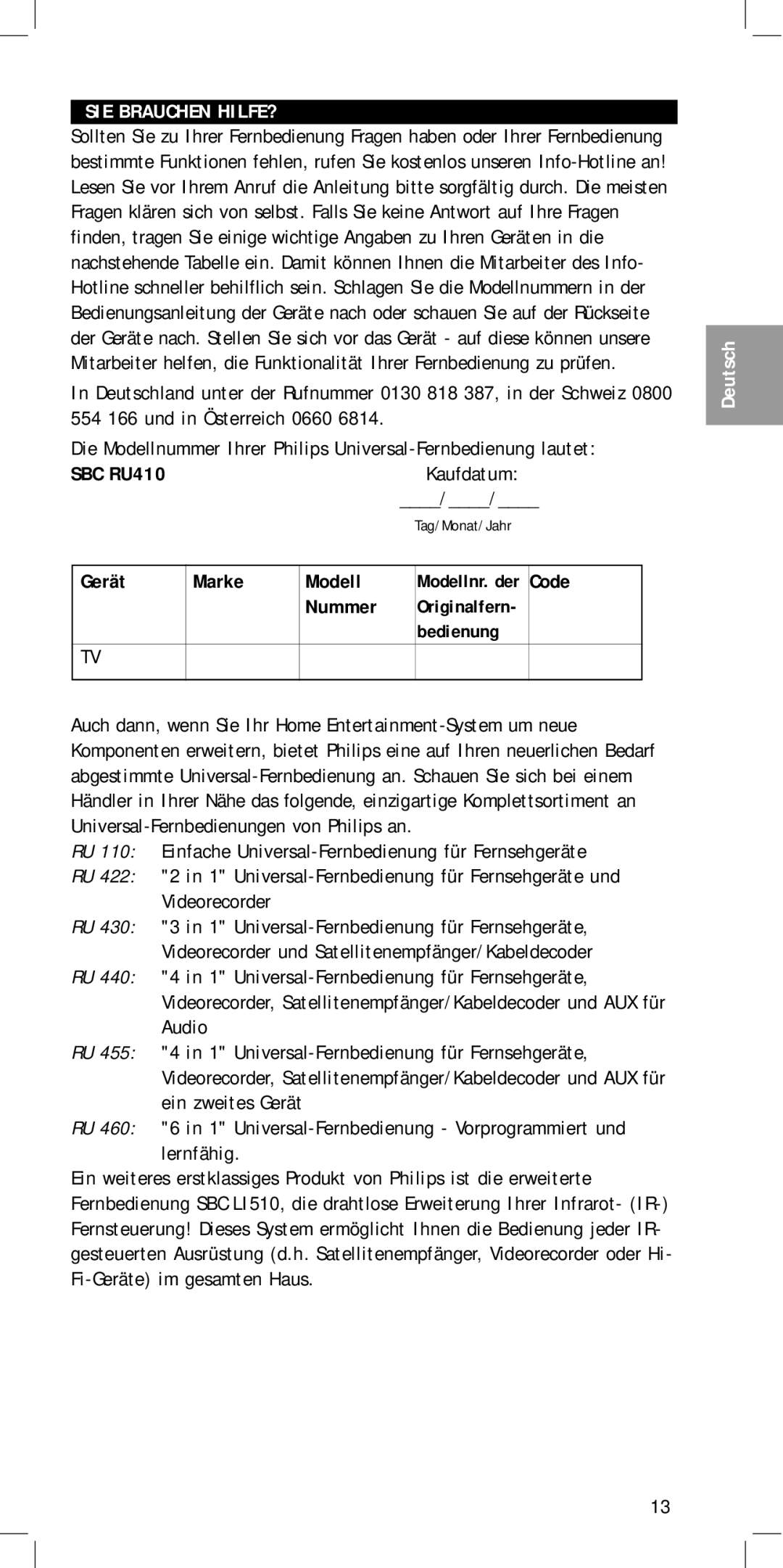 Philips SBC RU410 manual SIE Brauchen HILFE?, Kaufdatum, Gerät Marke Modell, Originalfern 