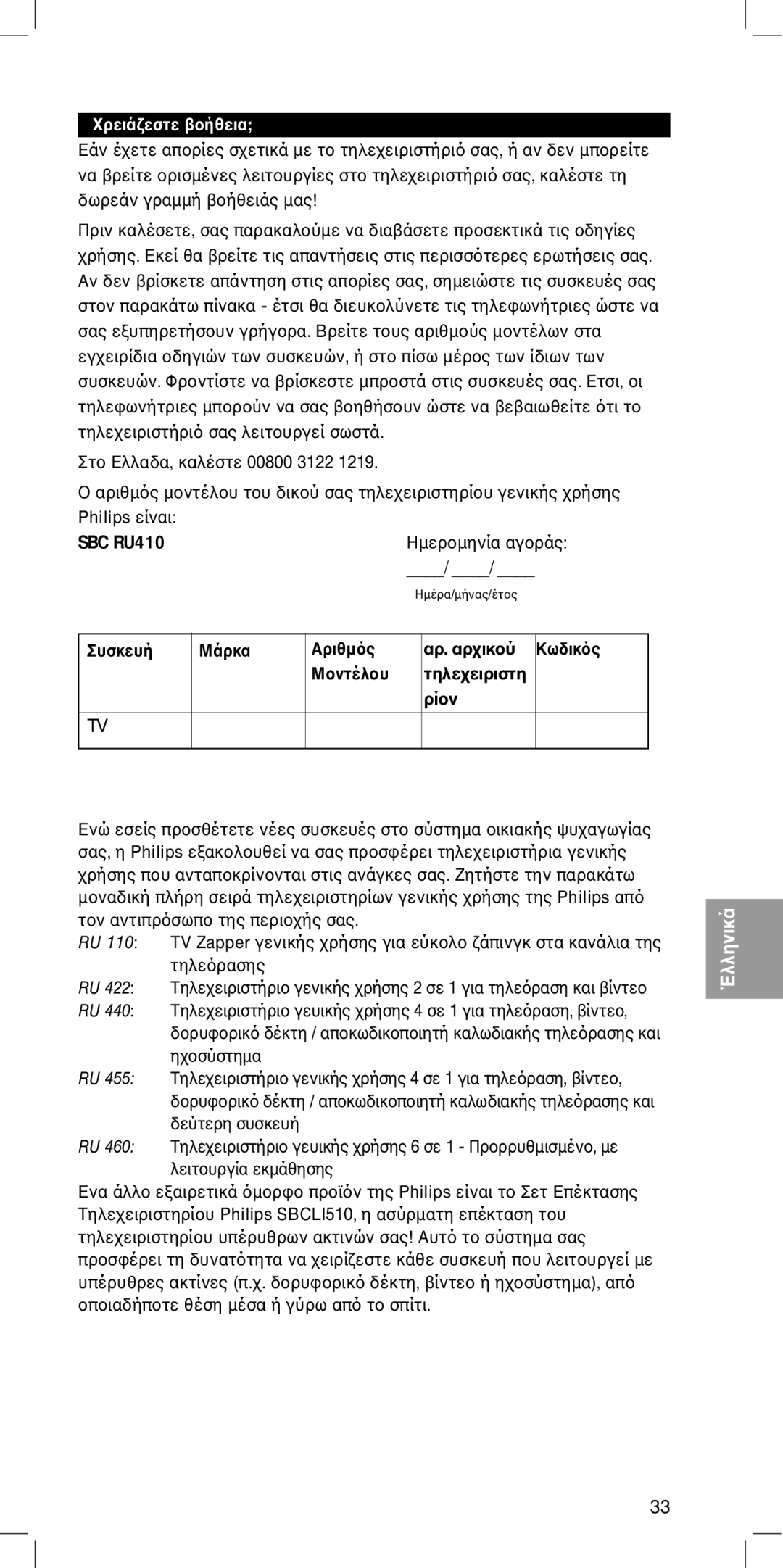 Philips SBC RU410 manual Αριθµµτδικσας τηλεγενικής Philips είναι, Ηµεραγ, Συσκευή Μάρκα Αριθµ Αρ. αρ Κωδικ Τηλε 