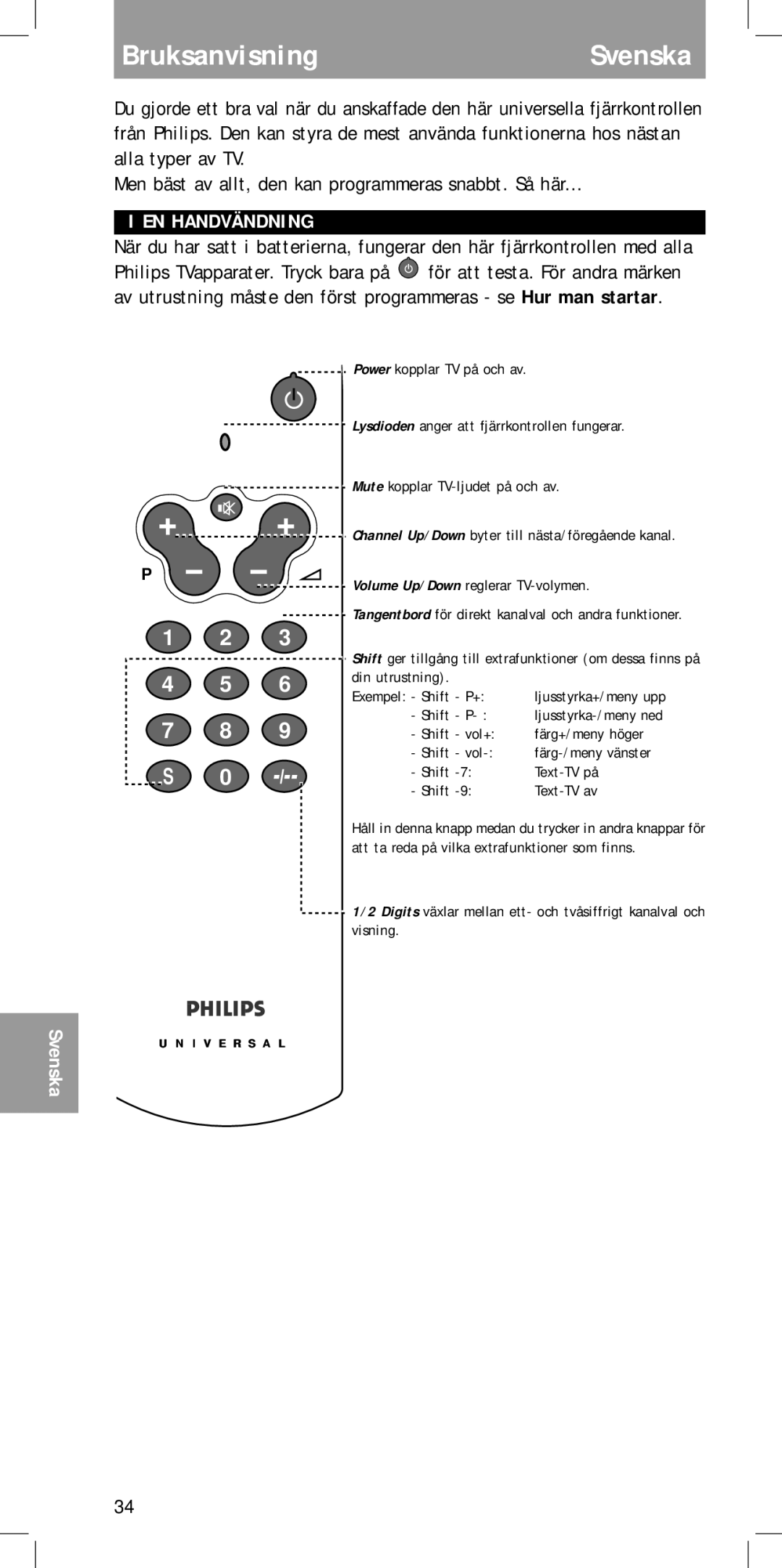 Philips SBC RU410 manual BruksanvisningSvenska, EN Handvändning 