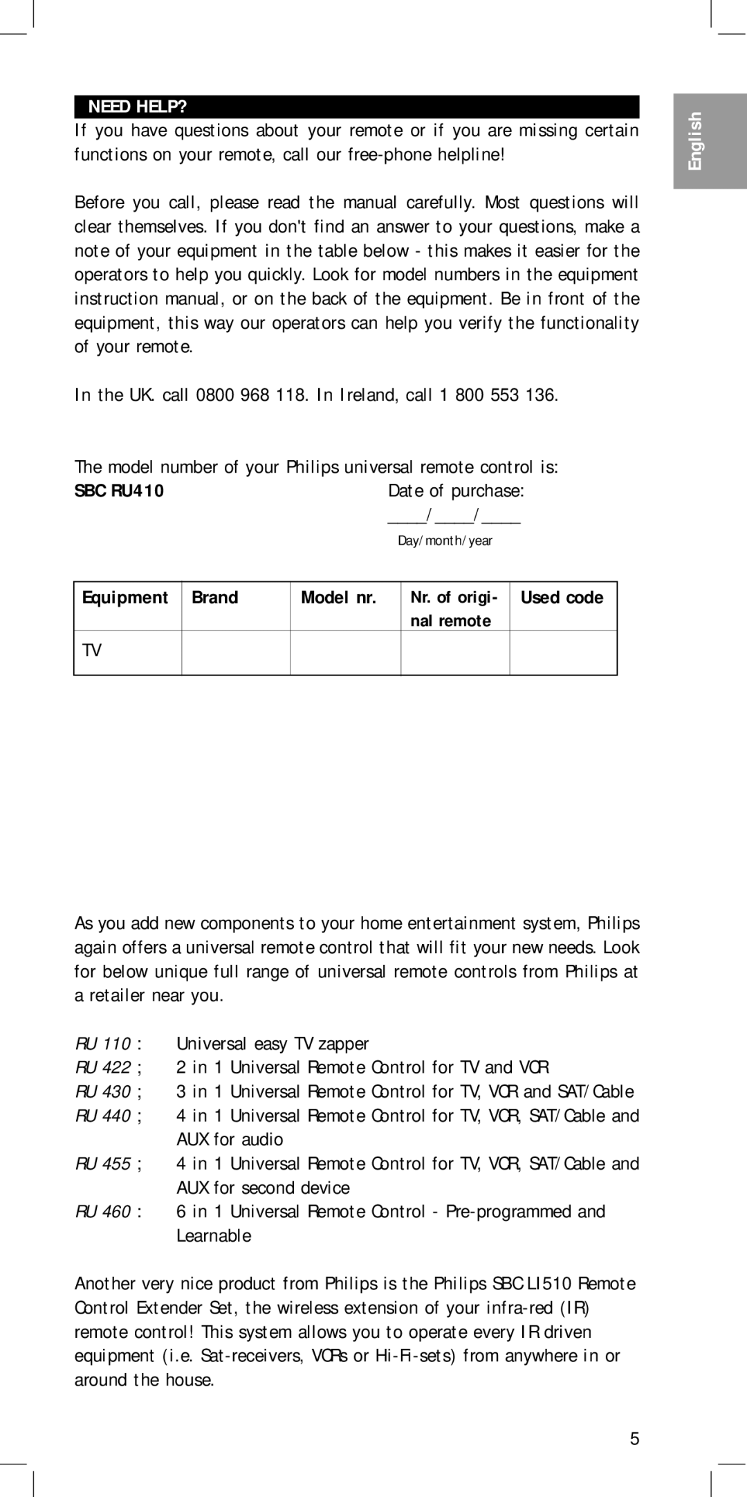 Philips SBC RU410 manual Need HELP?, Brand, Date of purchase, Model nr 