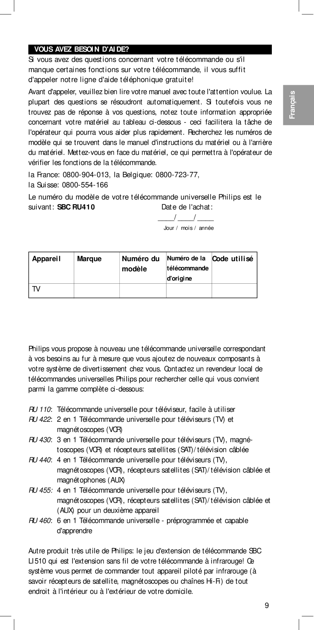 Philips SBC RU410 manual Vous Avez Besoin DAIDE?, Appareil Marque, Modèle, Numéro du, ’origine 