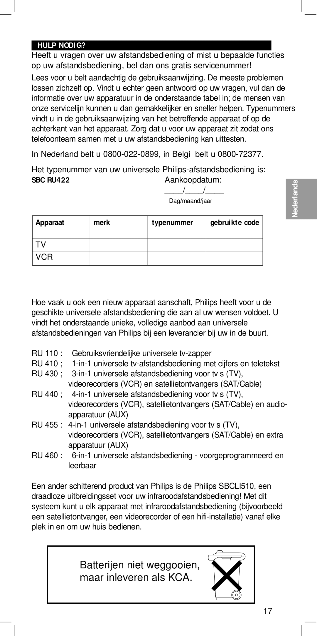 Philips SBC RU422 manual Hulp NODIG?, Apparaat Merk 