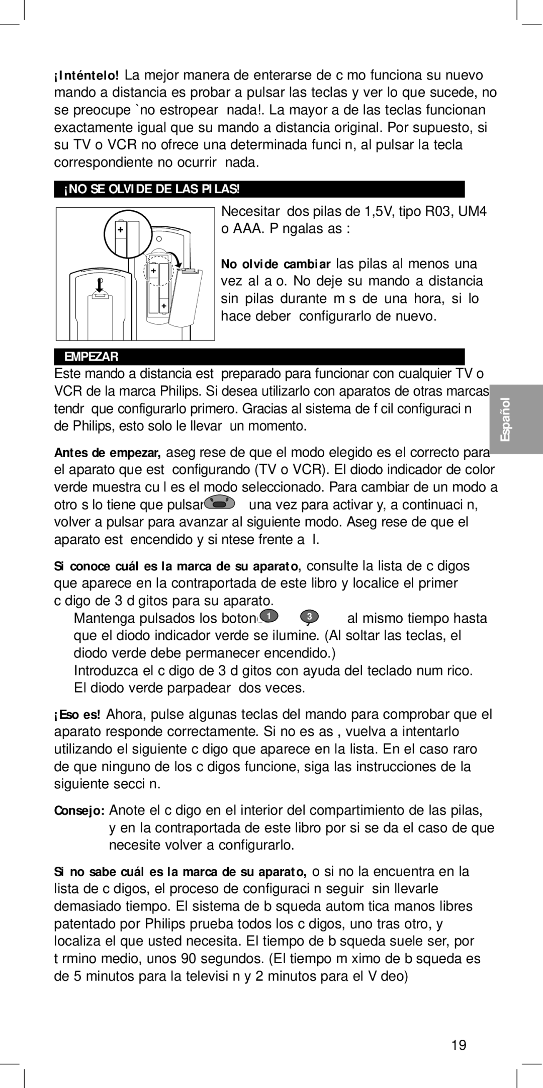 Philips SBC RU422 manual ¡NO SE Olvide DE LAS Pilas Empezar 