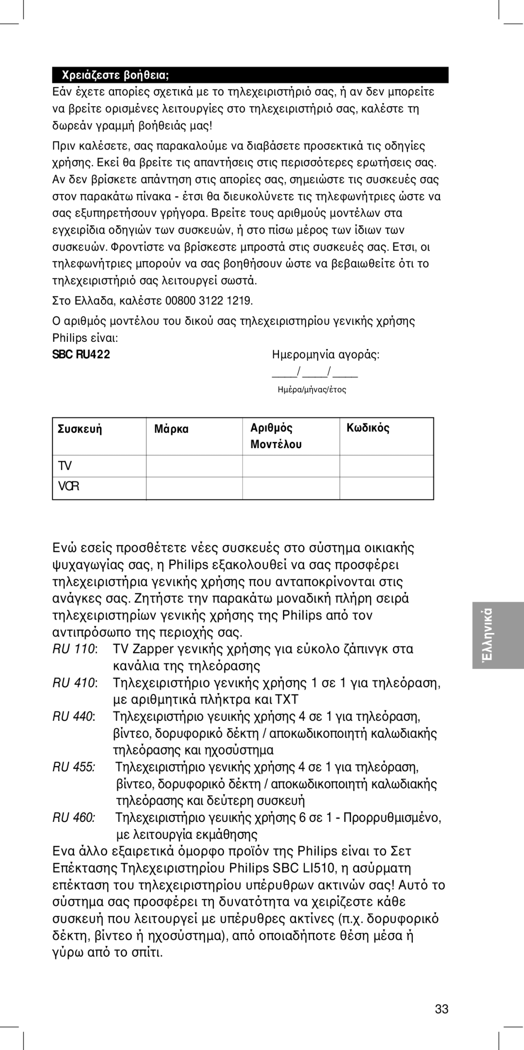 Philips SBC RU422 manual RU 455 Τηλεγενικής 4 σε 1 για τηλε 