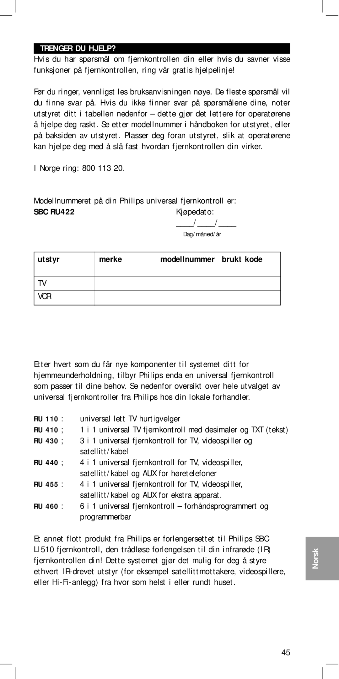 Philips SBC RU422 manual Trenger DU HJELP? 