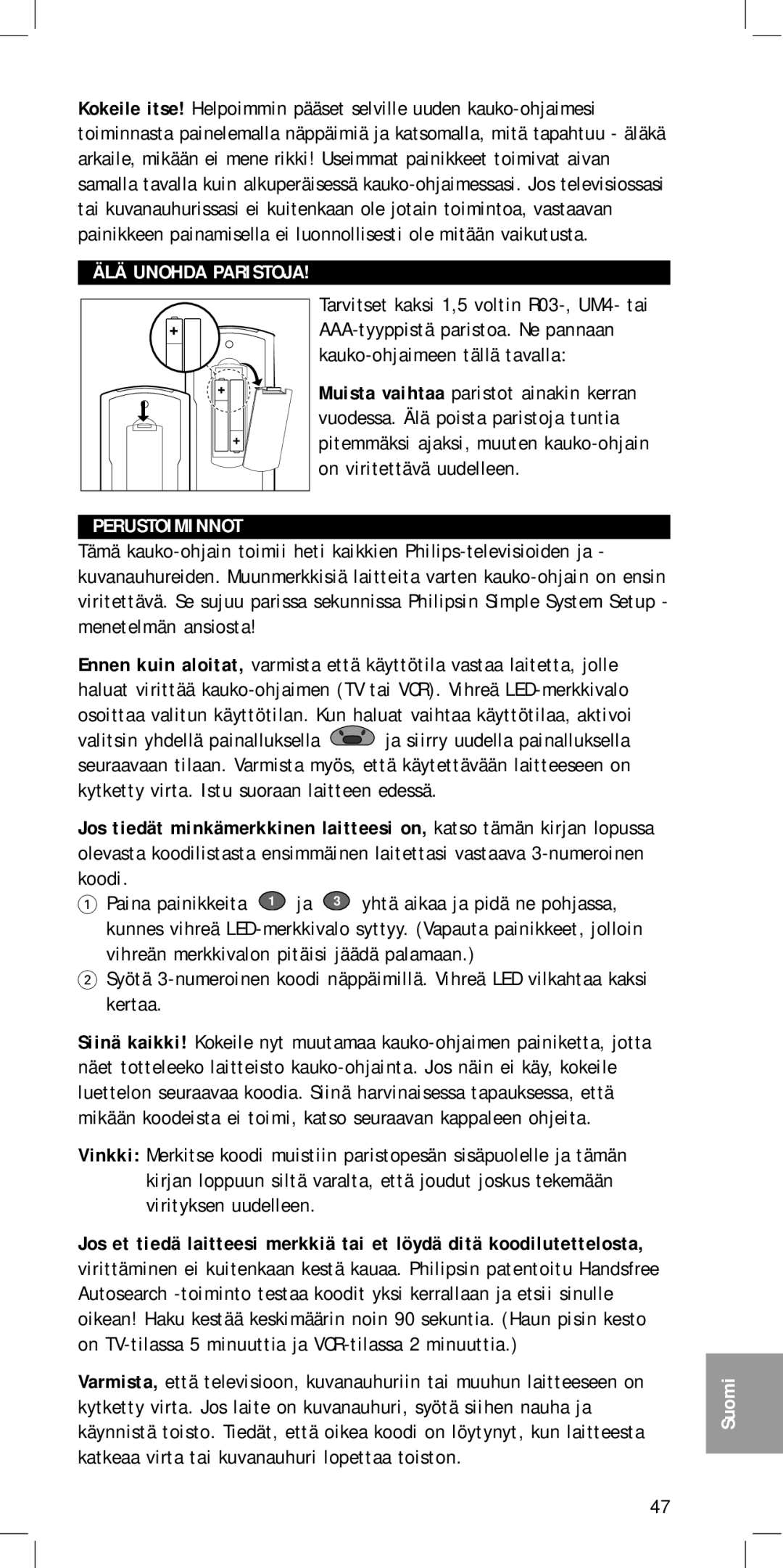 Philips SBC RU422 manual Perustoiminnot 