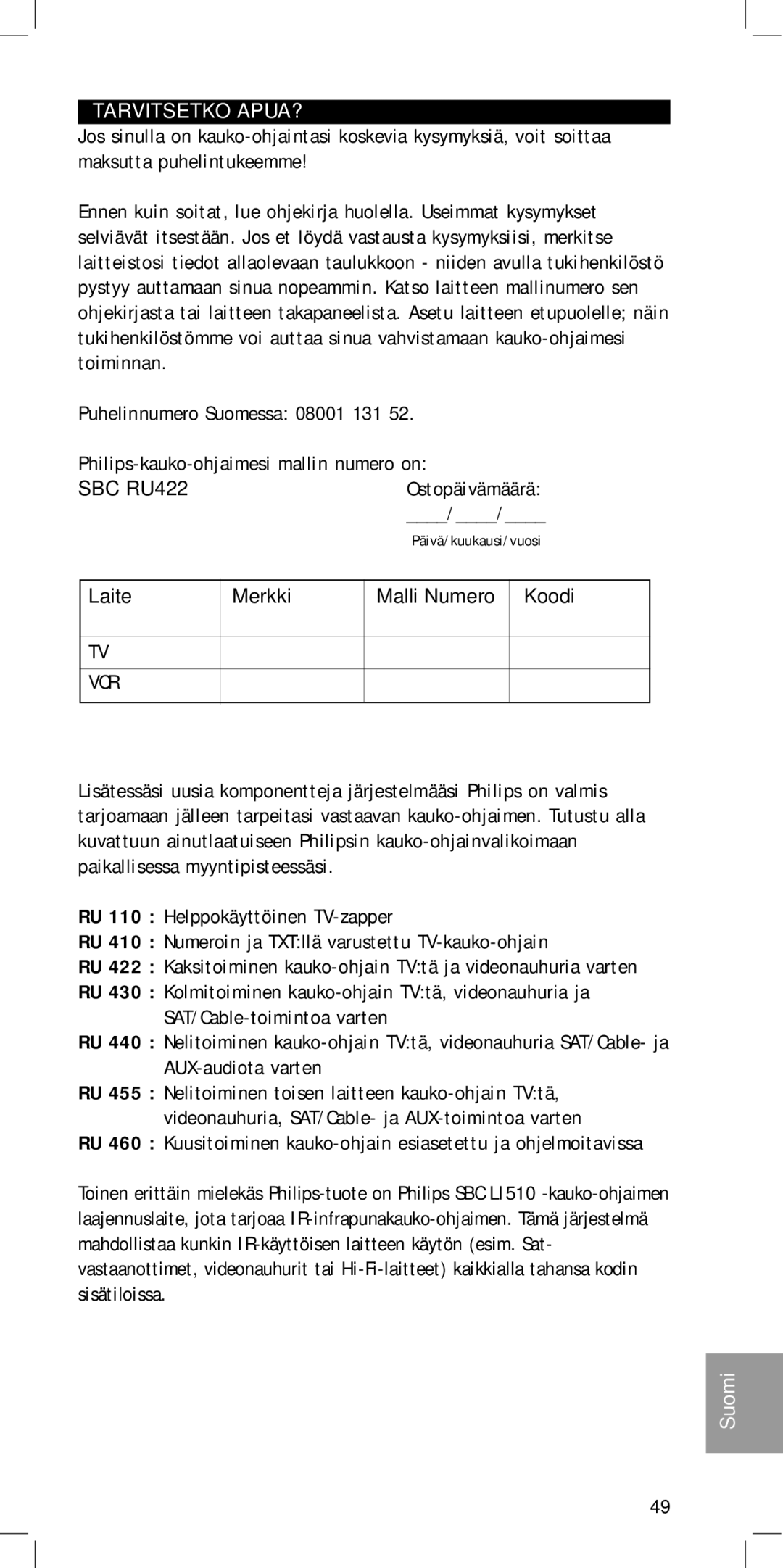 Philips SBC RU422 manual Tarvitsetko APUA? 