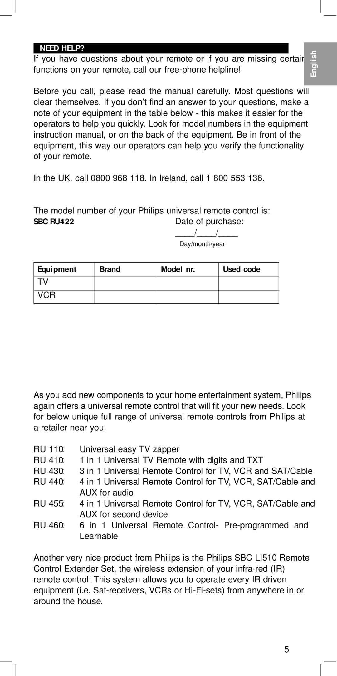 Philips SBC RU422 manual Need HELP?, Vcr 