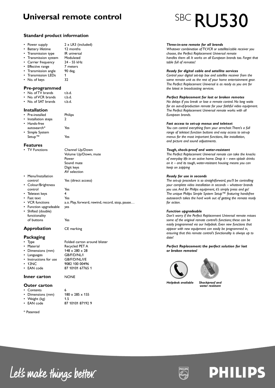 Philips SBC RU530 manual Standard product information, Pre-programmed, Installation, Features, Approbation, Packaging 