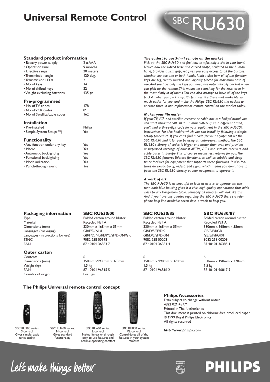 Philips SBC RU630 manual Standard product information, Pre-programmed, Installation, Functionality, Outer carton 