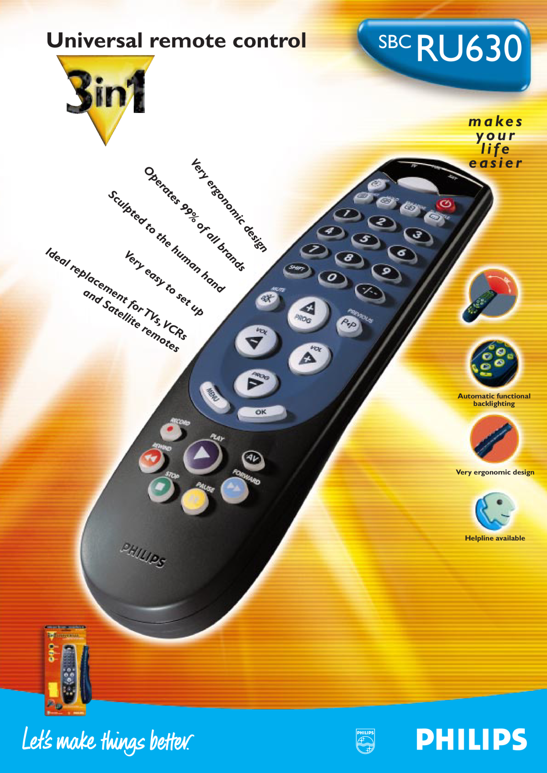 Philips SBC RU630 manual Universal remote control, brands, m a k e s y o u r l i f e e a s i e r, ergonomic, Very, design 