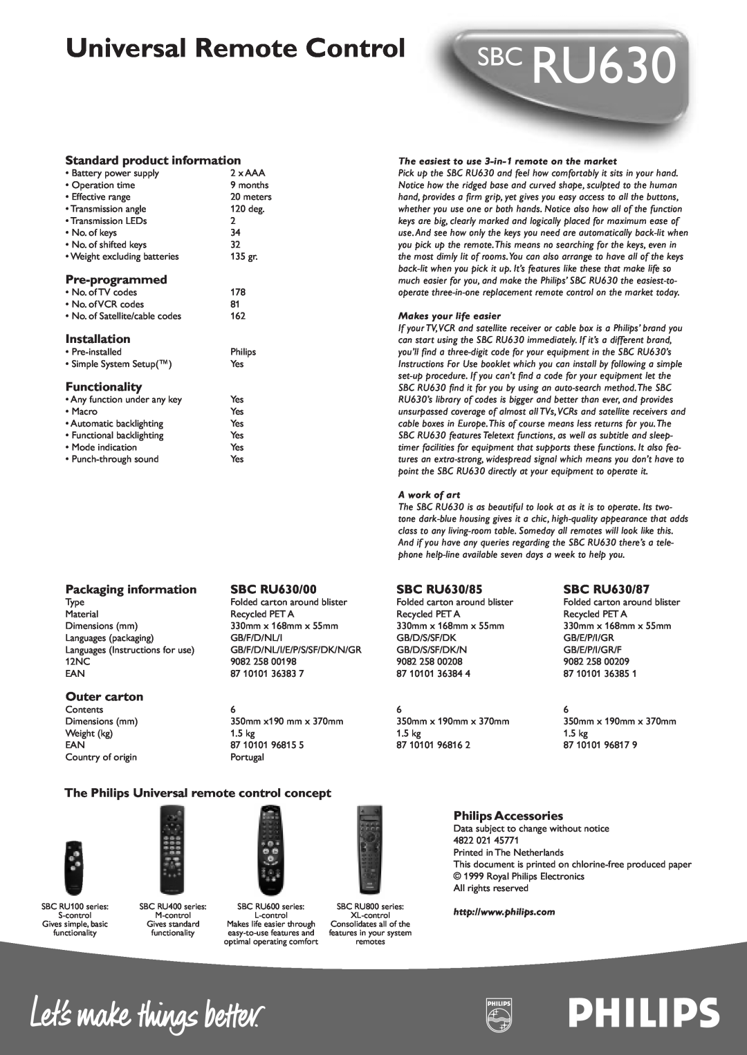 Philips SBC RU630 manual Universal Remote Control 