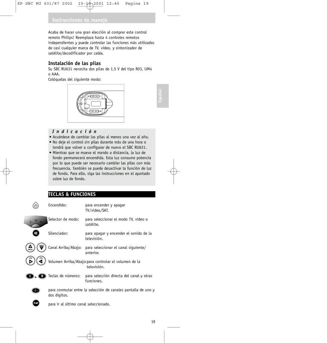 Philips SBC RU631/87 manual Instrucciones de manejo, Instalación de las pilas, Teclas & Funciones 