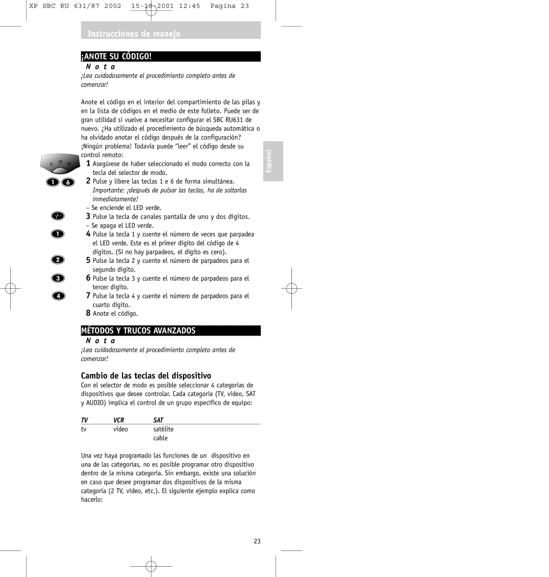 Philips SBC RU631/87 manual ¡ANOTE SU Código 