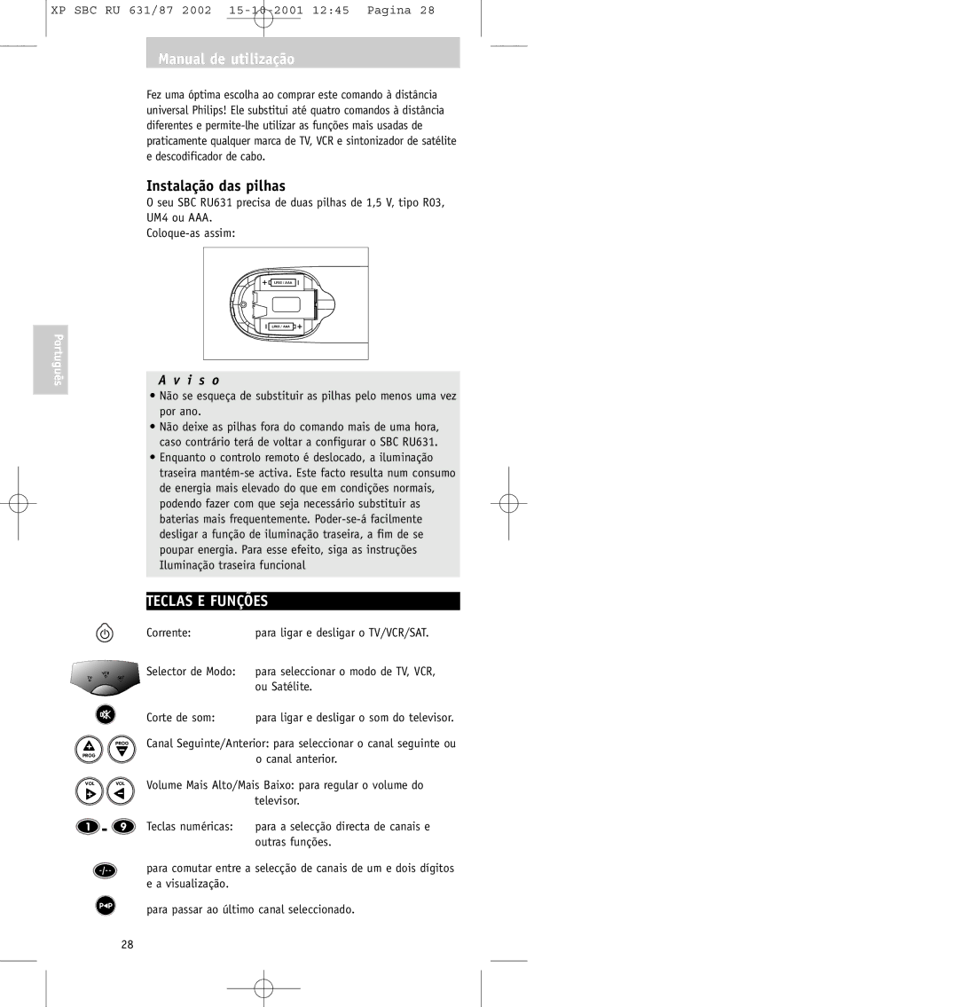 Philips SBC RU631/87 manual Manual de utilização, Instalação das pilhas, Teclas E Funções 