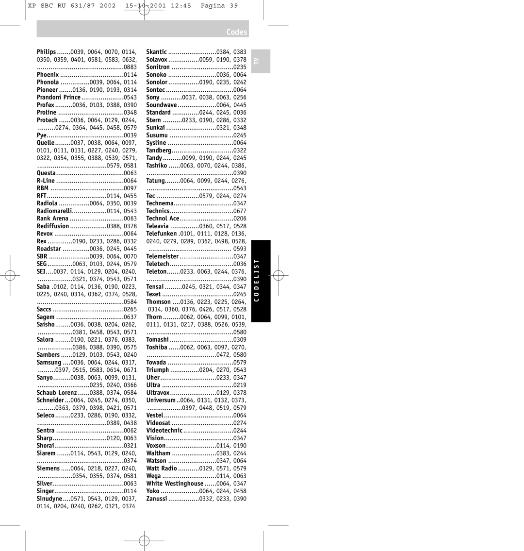 Philips SBC RU631/87 0059, 0190, 0190, 0235, 0064, 0244, 0245, 0322, 0390, 0543, 0579, 0244, 0347, 0677, 0206, 0593 