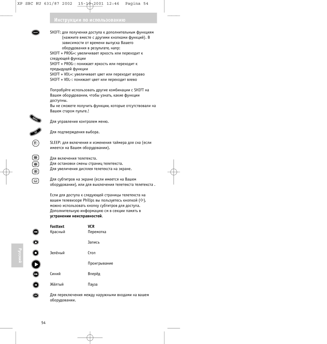 Philips SBC RU631/87 manual Дополнительную инфоpмацию см в секции память в, Устpанении неиспpавностей FasttextVCR 