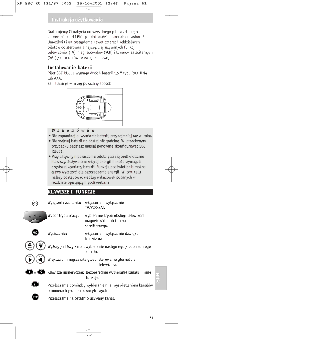 Philips SBC RU631/87 manual Instrukcja użytkowania, Instalowanie baterii, Klawisze I Funkcje, K a z ó w k a 