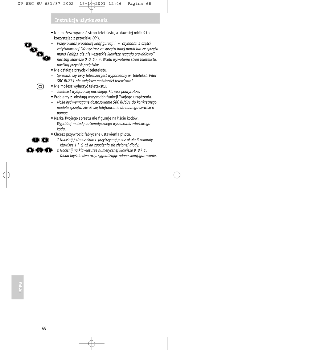 Philips SBC RU631/87 manual Teletekst wyłącza się naciskając klawisz podtytułów 