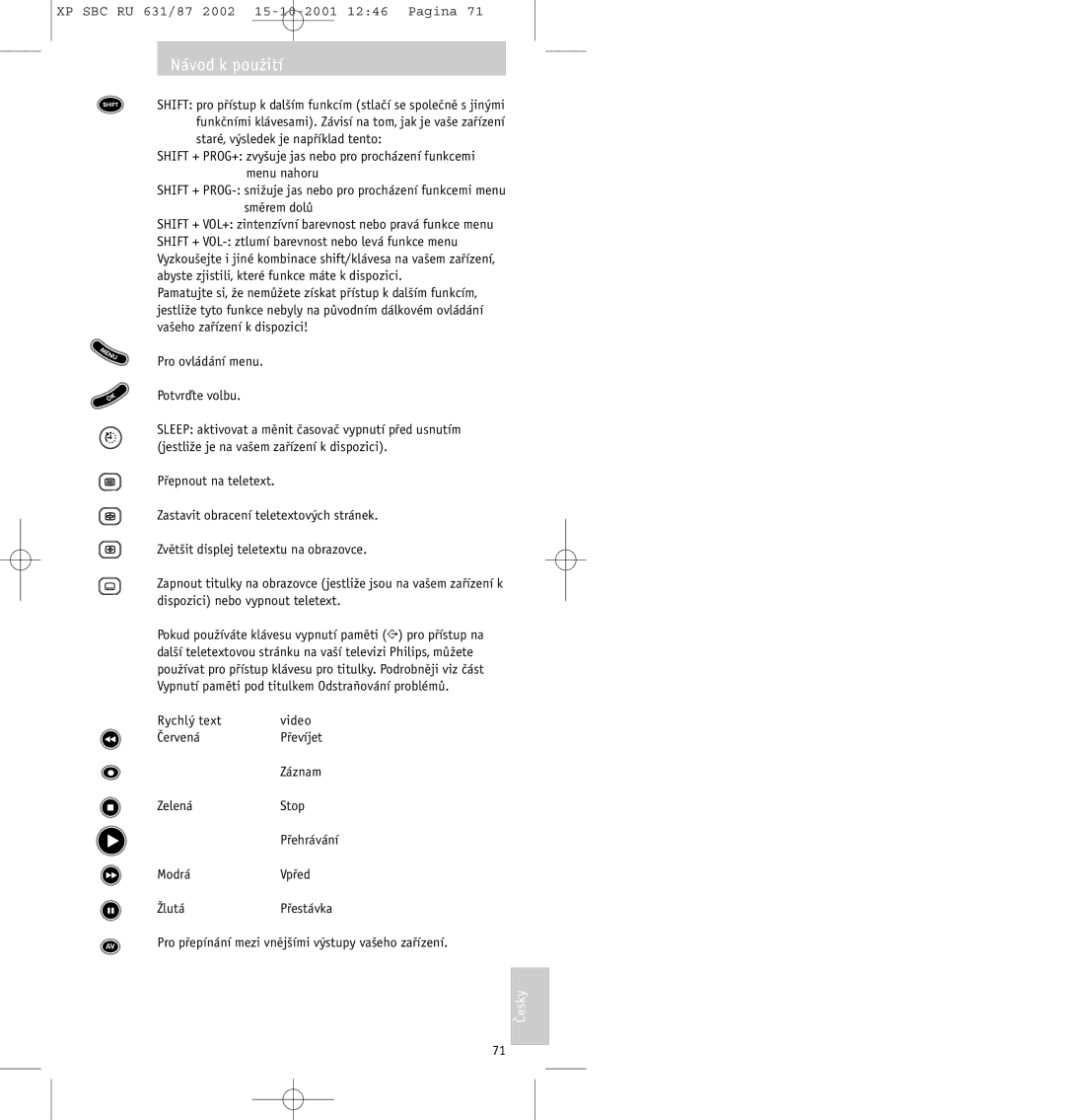 Philips SBC RU631/87 manual Rychlý text Video, Červená Převíjet Záznam Zelená Stop, Modrá Vpřed Žlutá 