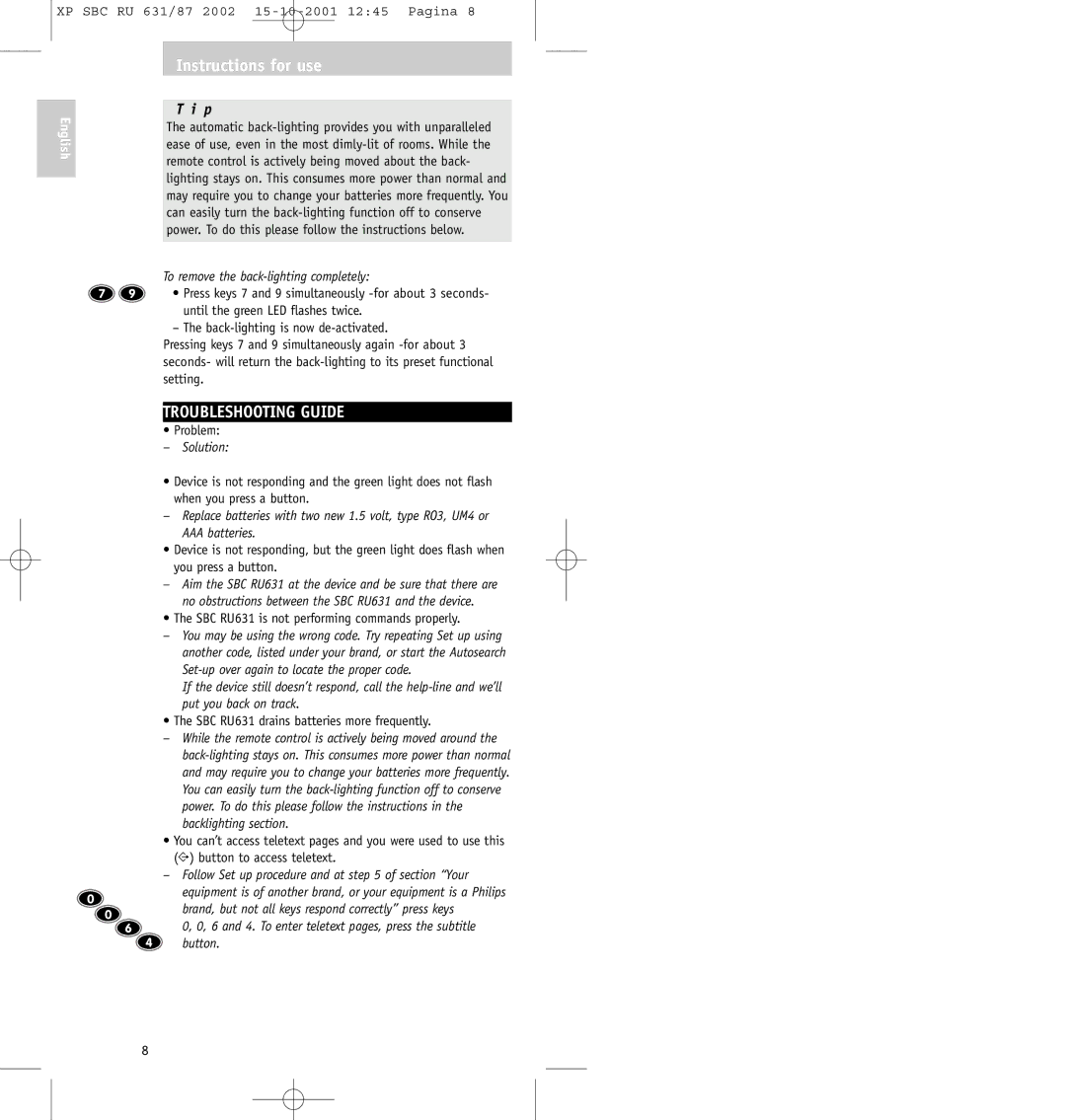 Philips SBC RU631/87 manual Troubleshooting Guide, To remove the back-lighting completely, Solution 