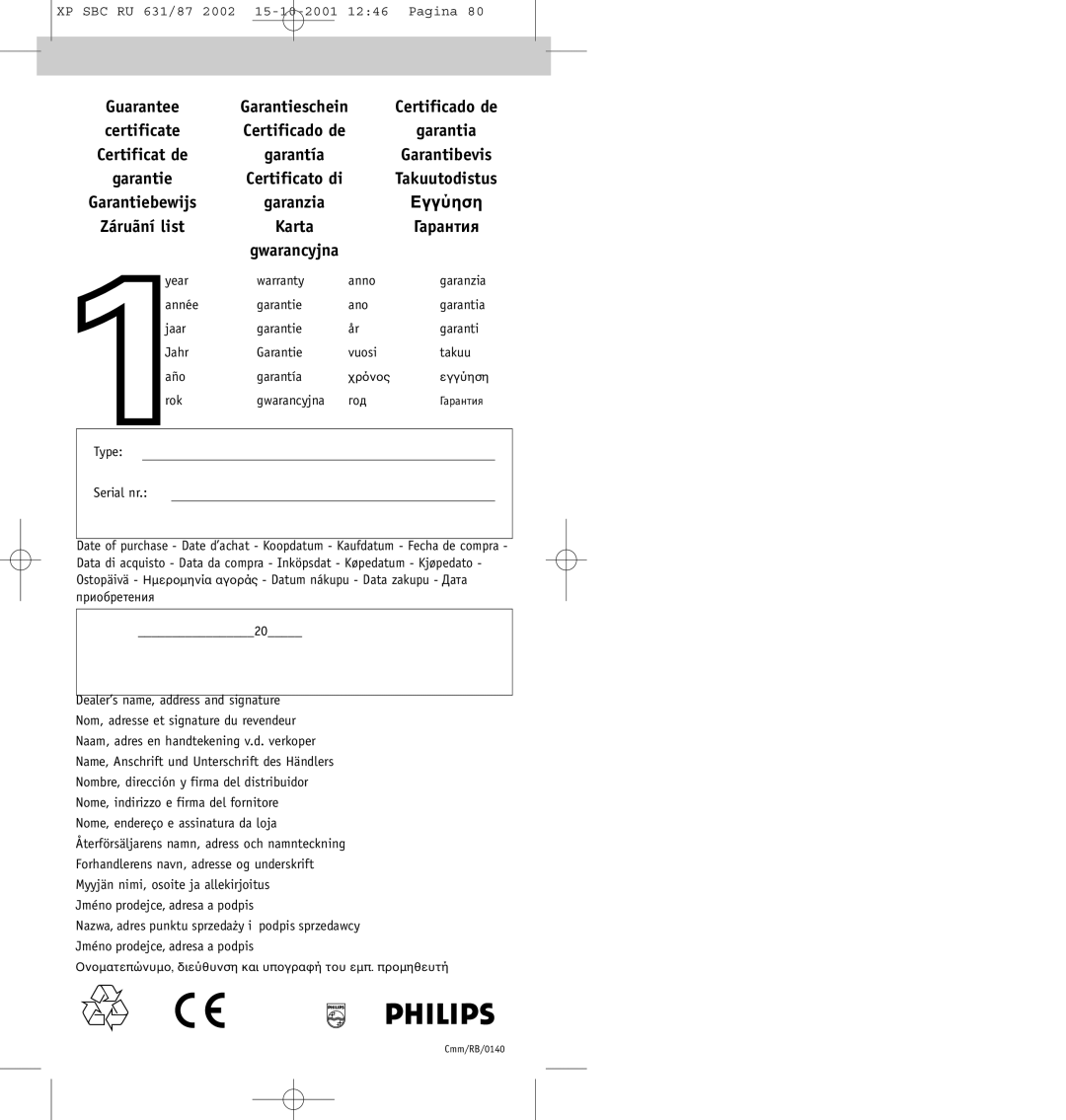 Philips SBC RU631/87 manual Guarantee Garantieschein, Garantia, Garantiebewijs Garanzia, Karta Гаpантия Gwarancyjna 