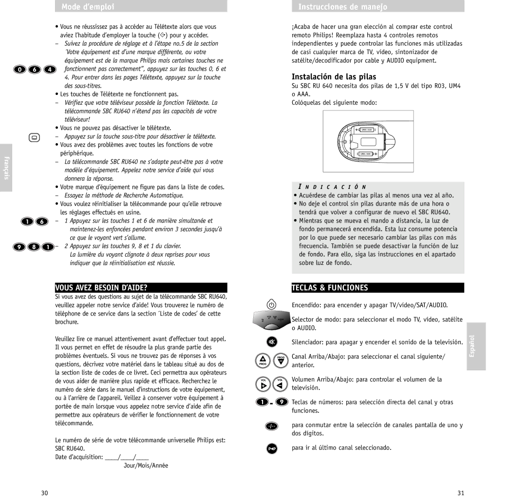 Philips SBC RU640/00 manual Mode d’emploi Instrucciones de manejo, Instalación de las pilas, Vous Avez Besoin D’AIDE? 