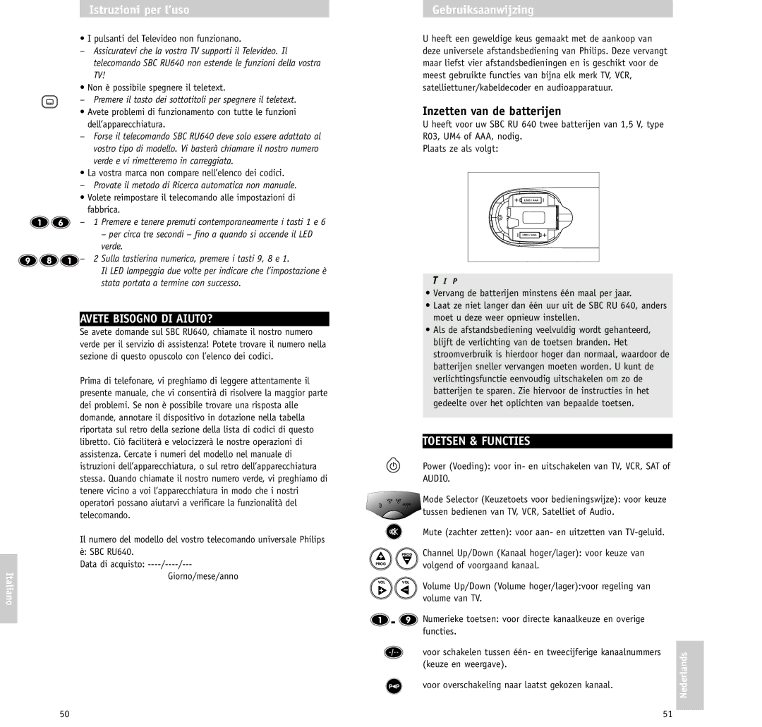 Philips SBC RU640/00 manual Avete Bisogno DI AIUTO?, Gebruiksaanwijzing, Inzetten van de batterijen, Toetsen & Functies 