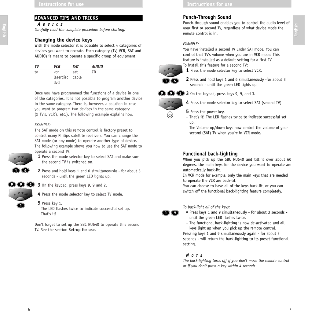 Philips SBC RU640/00 Advanced Tips and Tricks, Changing the device keys, Punch-Through Sound, Functional back-lighting 