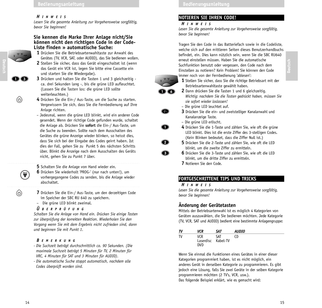 Philips SBC RU640/00 manual Notieren SIE Ihren Code, Fortgeschrittene Tips UND Tricks, Änderung der Gerätetasten 