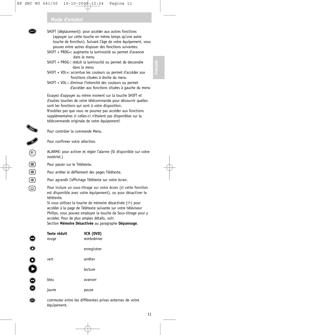 Philips SBC RU641/00 manual Shift déplacement pour accéder aux autres fonctions, Dans le menu 