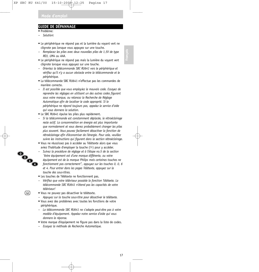 Philips SBC RU641/00 manual Guide DE Dépannage, Essayez la méthode de Recherche Automatique 