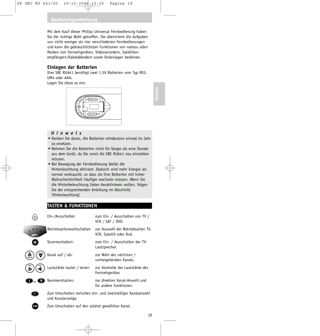 Philips SBC RU641/00 manual Bedienungsanleitung, Einlegen der Batterien, Tasten & Funktionen 