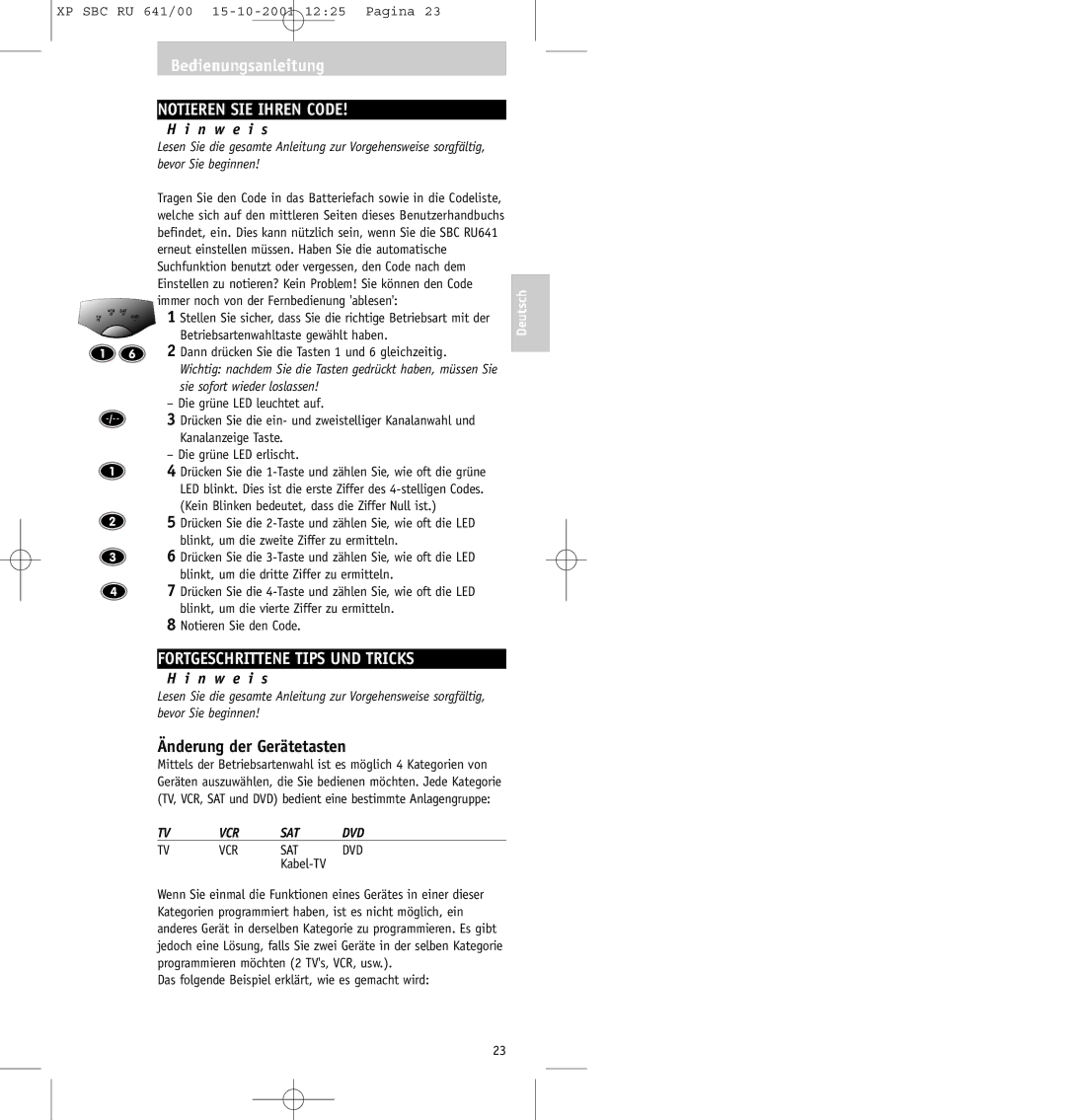 Philips SBC RU641/00 manual Notieren SIE Ihren Code, Fortgeschrittene Tips UND Tricks, Änderung der Gerätetasten 