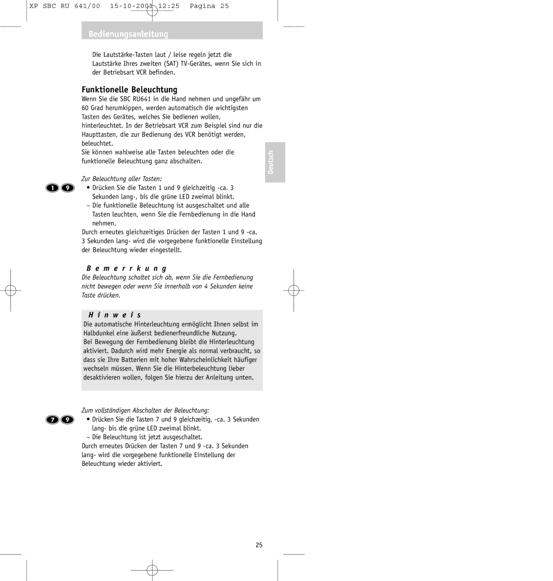 Philips SBC RU641/00 manual Funktionelle Beleuchtung, M e r r k u n g, Zur Beleuchtung aller Tasten 