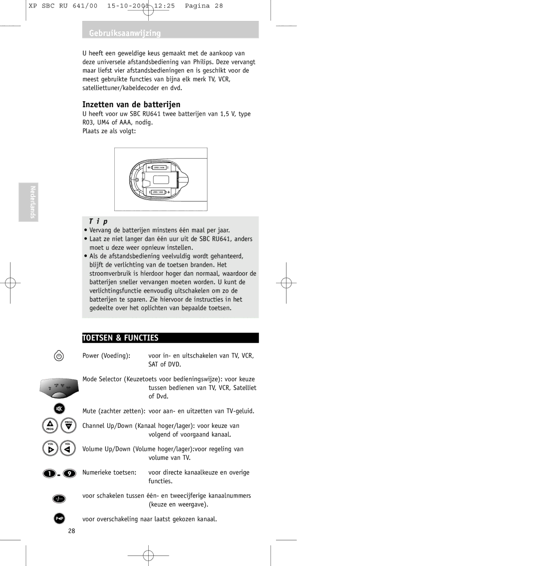 Philips SBC RU641/00 manual Gebruiksaanwijzing, Inzetten van de batterijen, Toetsen & Functies 