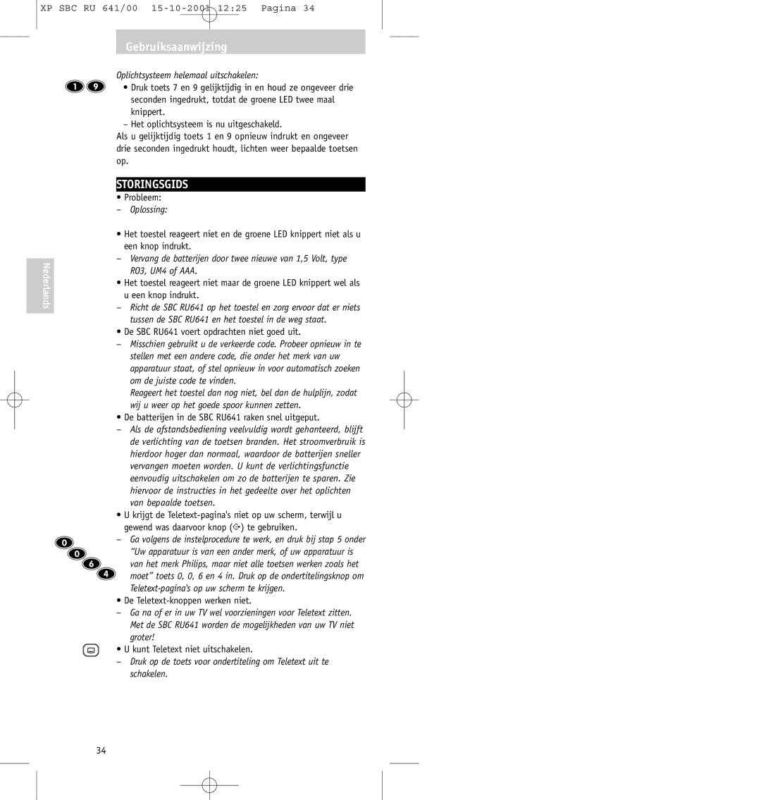 Philips SBC RU641/00 manual Storingsgids, Oplichtsysteem helemaal uitschakelen, Oplossing 